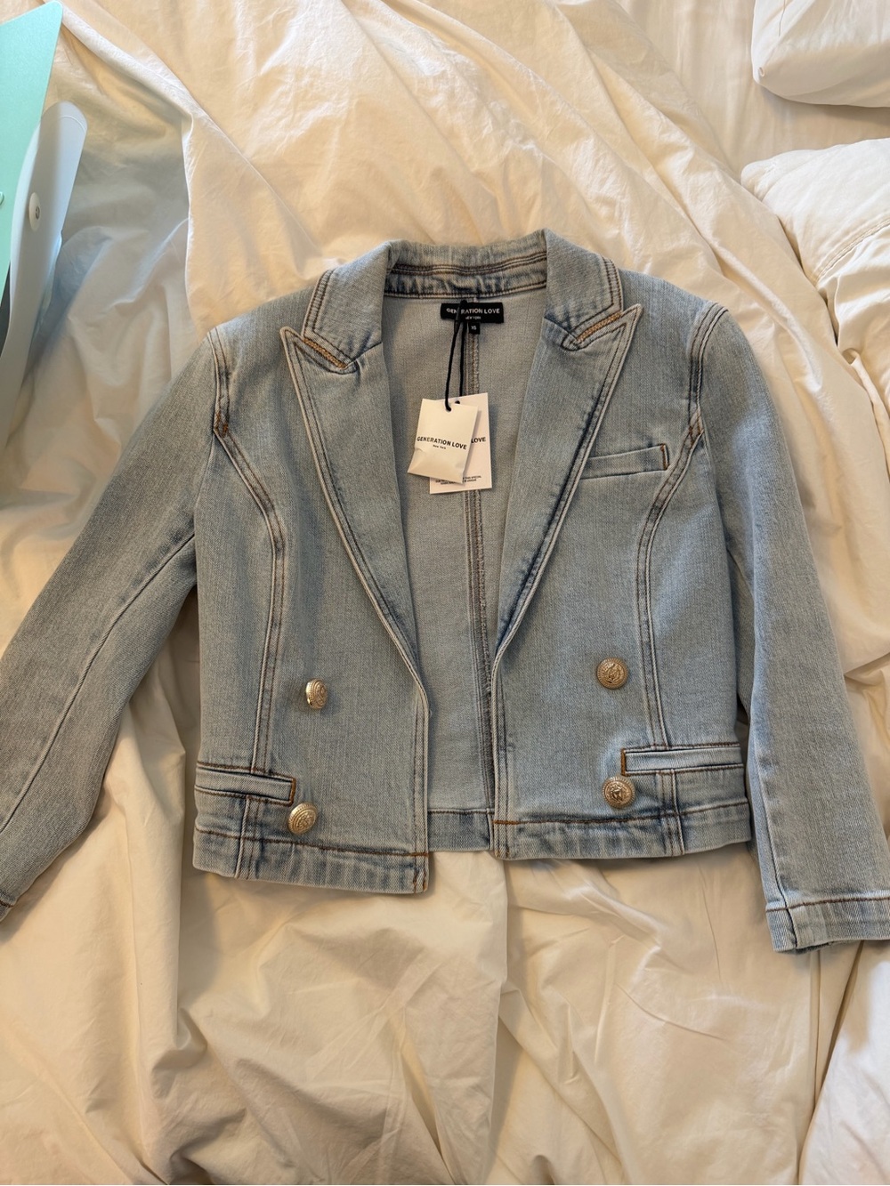 Generation Love cosmo Light Blue Denim Double-Breasted Blazer NWT XS